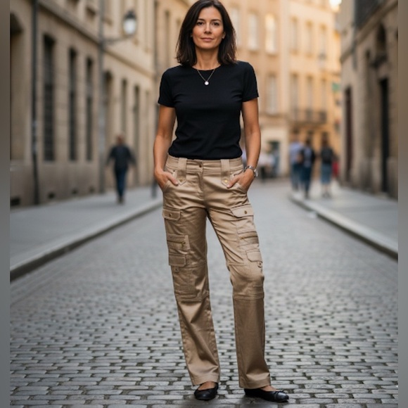 Cache Pants - Cache Vintage Y2K Deadstock Champagne Metallic Satin Low Rise Cargo Flares SZ 6